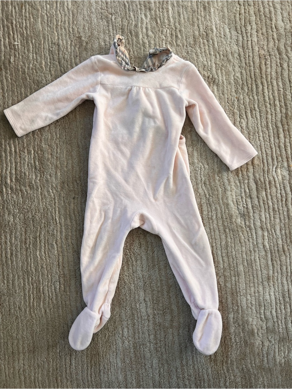 Burberry Soft Pink Footed Baby One-Piece with Patterned Collar